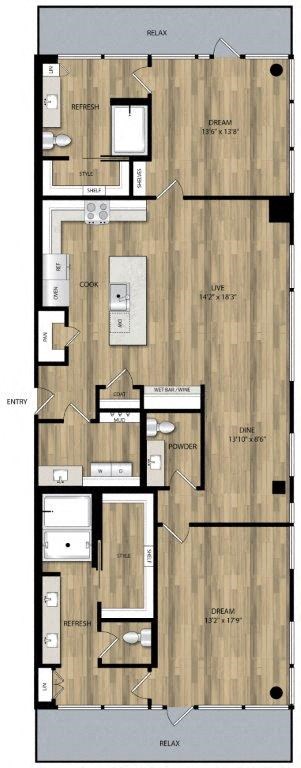 Floor plan for 2 beds, 2.5 baths, 1671 sqft